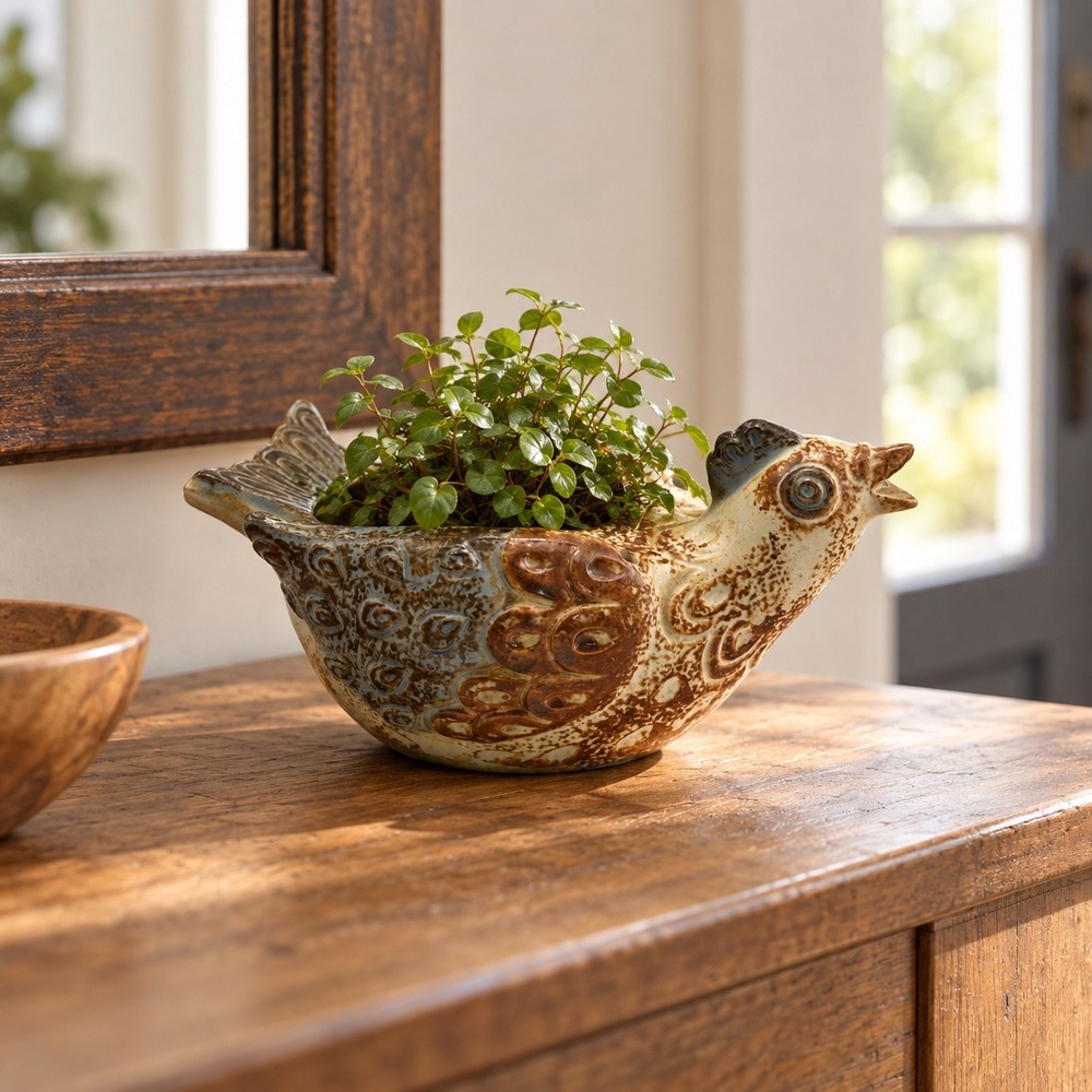 Napcoware Chicken Bowl Planter Brown Blue Ceramic Vintage Japan Farmhouse Decor